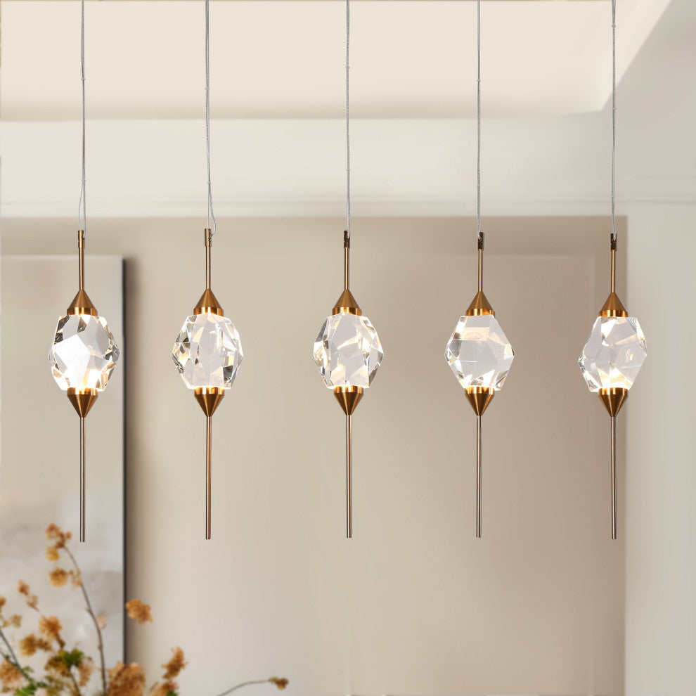 LNC Lucivagus 5-Light 34" Brass Crystal Clustered LED Kitchen Island Light