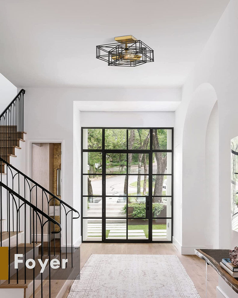 2 Light Rectangle Ceiling Light Fixture, Black, Semi Flush Mount Ceiling Lamp