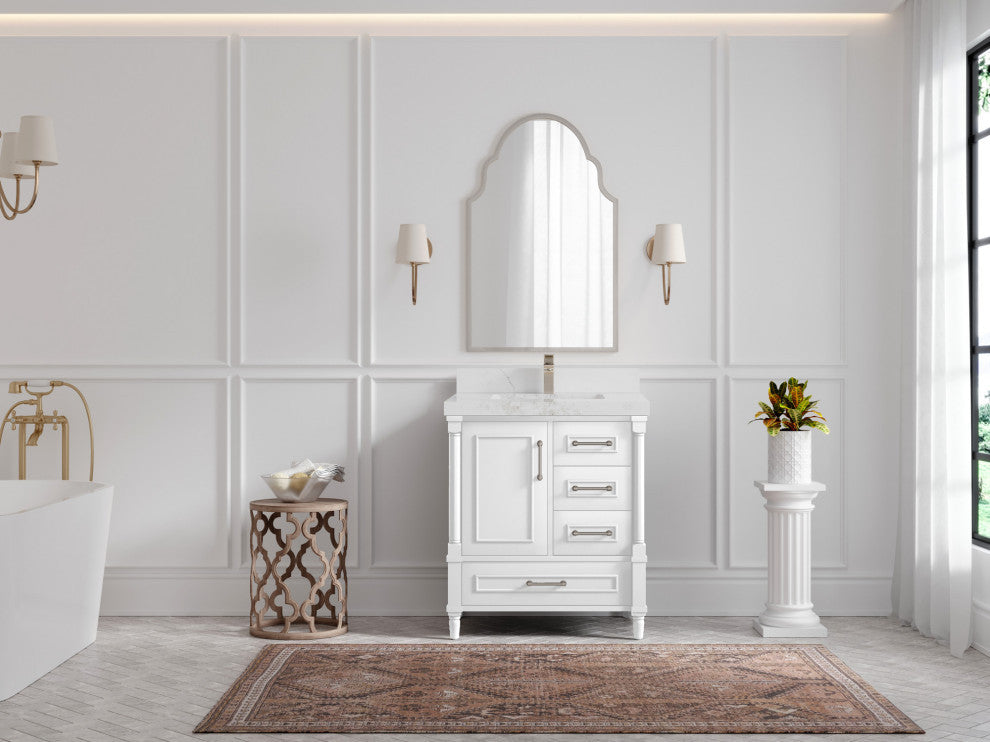 Aberdeen 30 Single Sink Bath Vanity in White 2" Calacatta Nuvo