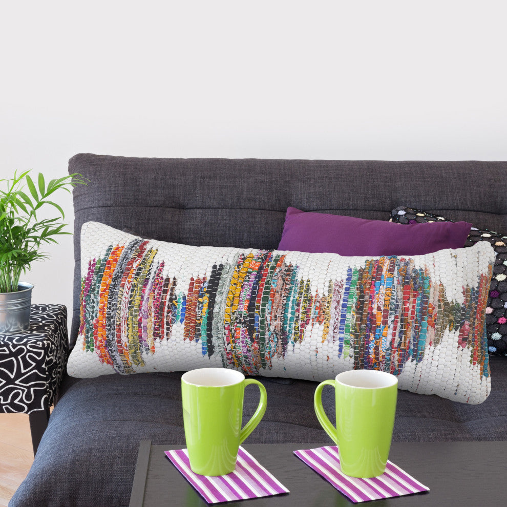 White and Multicolored Chindi Geometric Throw Pillow, 14" X 36"
