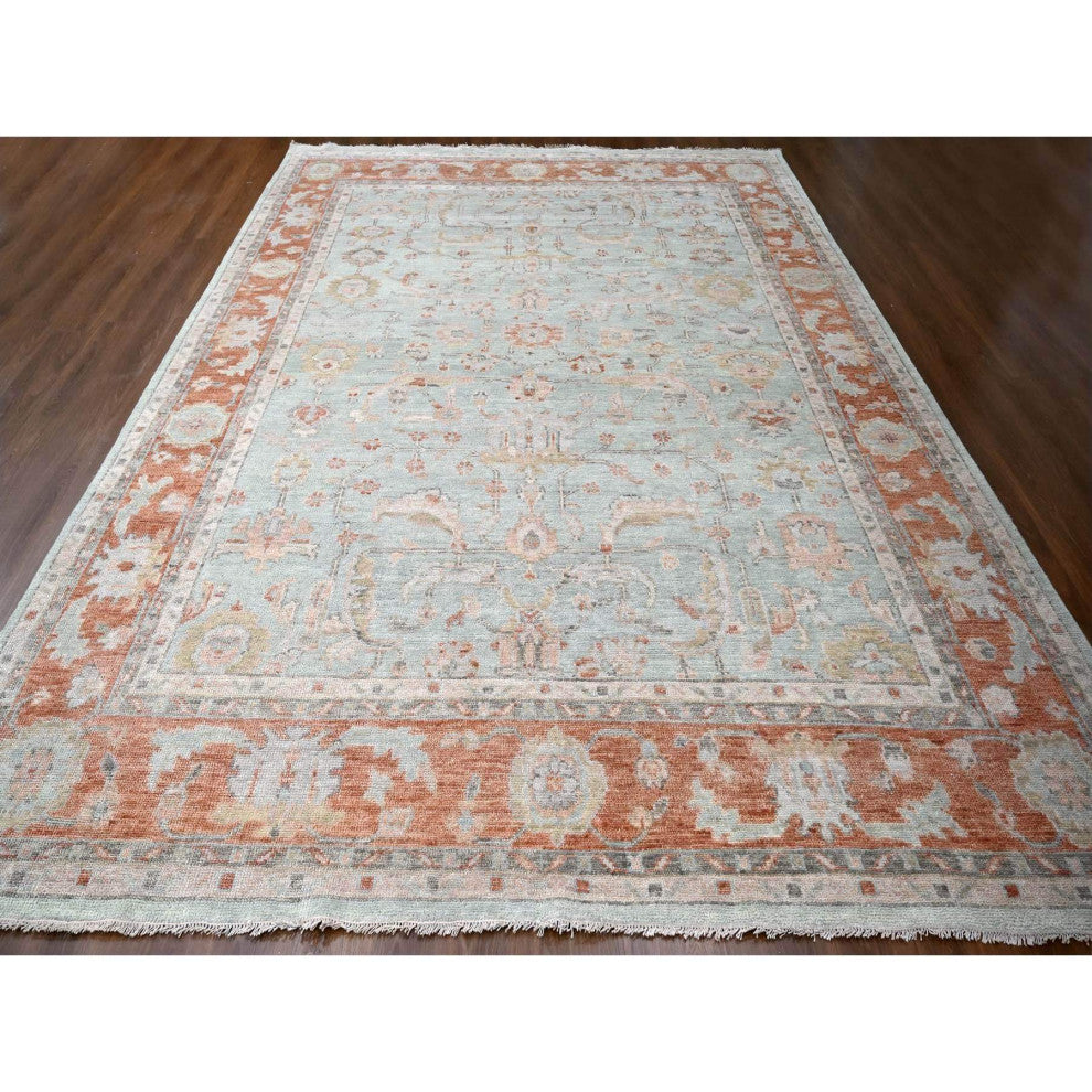 Sage Green Hand Knotted Oushak Design Wool Over Oriental Rug, 11'10"x14'8"