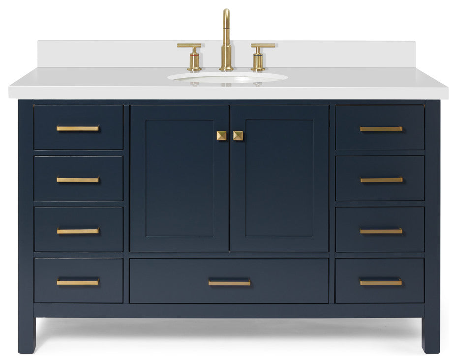 ARIEL Cambridge 55" Oval Sink Blue Bathroom Vanity Quartz Top, No Mirror