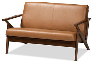 Bianca Mid-Century Brown Finished Wood and Tan Faux Leather Effect Loveseat