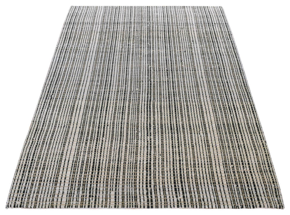 Green, Modern Criss Cross Design, Pure Wool Hand Knotted Rug, 4'x5'10"
