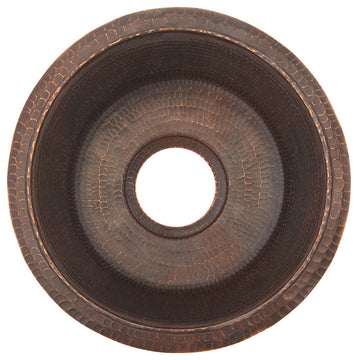 14" Round Hammered Copper Prep Sink, 3.5" Drain Opening, Drain & Accessories