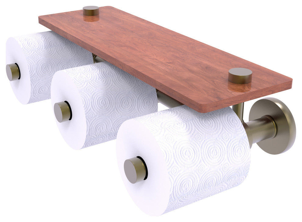 Prestige Skyline 3-Roll Toilet Paper Holder with Wood Shelf, Antique Brass
