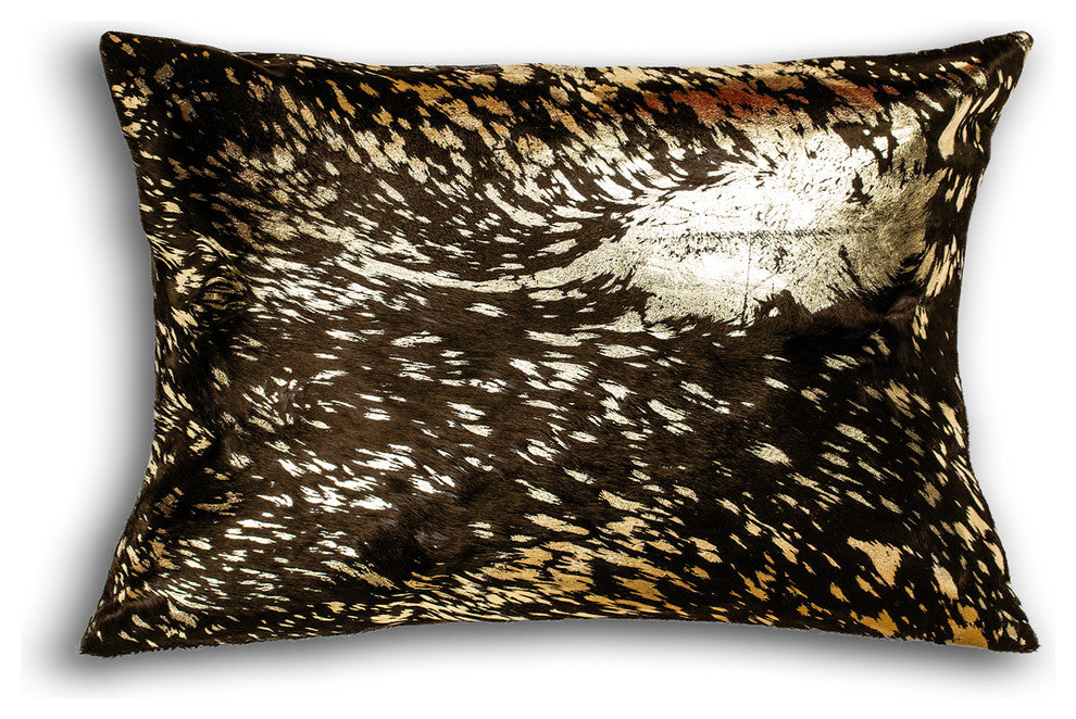 Natural Torino Cowhide Pillow 12"x20", Chocolate and Gold