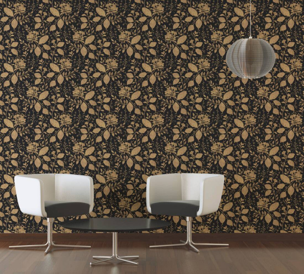 Floral Textured Wallpaper Flowers Leaves Plants, 329863, Black Gray, Sample