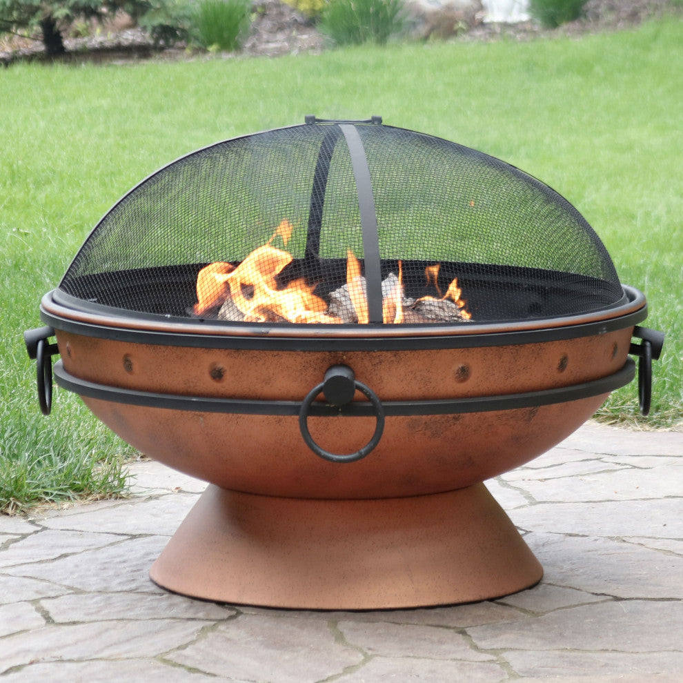 Sunnydaze Royal Cauldron Copper Fire Pit With Handles and Spark Screen, 30"