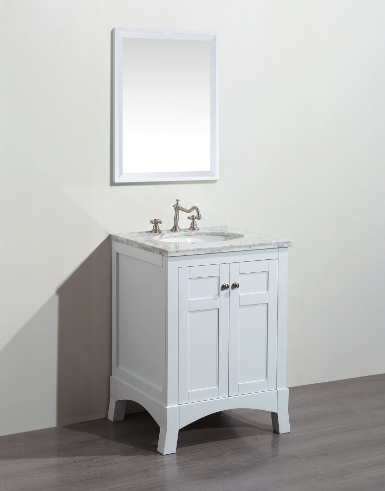 Eviva New York 24" White Bathroom Vanity, With White Marble Carrera Top and Sink