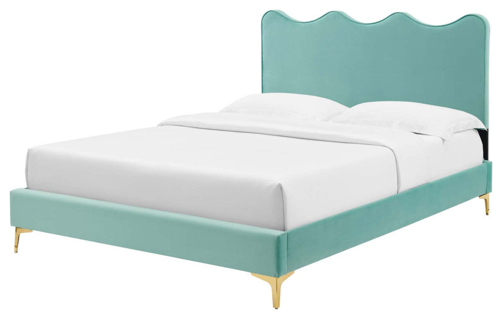 Platform Bed Frame, King Size, Blue, Velvet, Modern, Bedroom Master Guest Suite