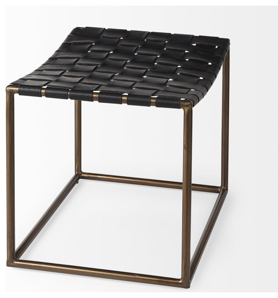 Clarissa Black Leather Woven Seat With Gold Metal Frame Stool