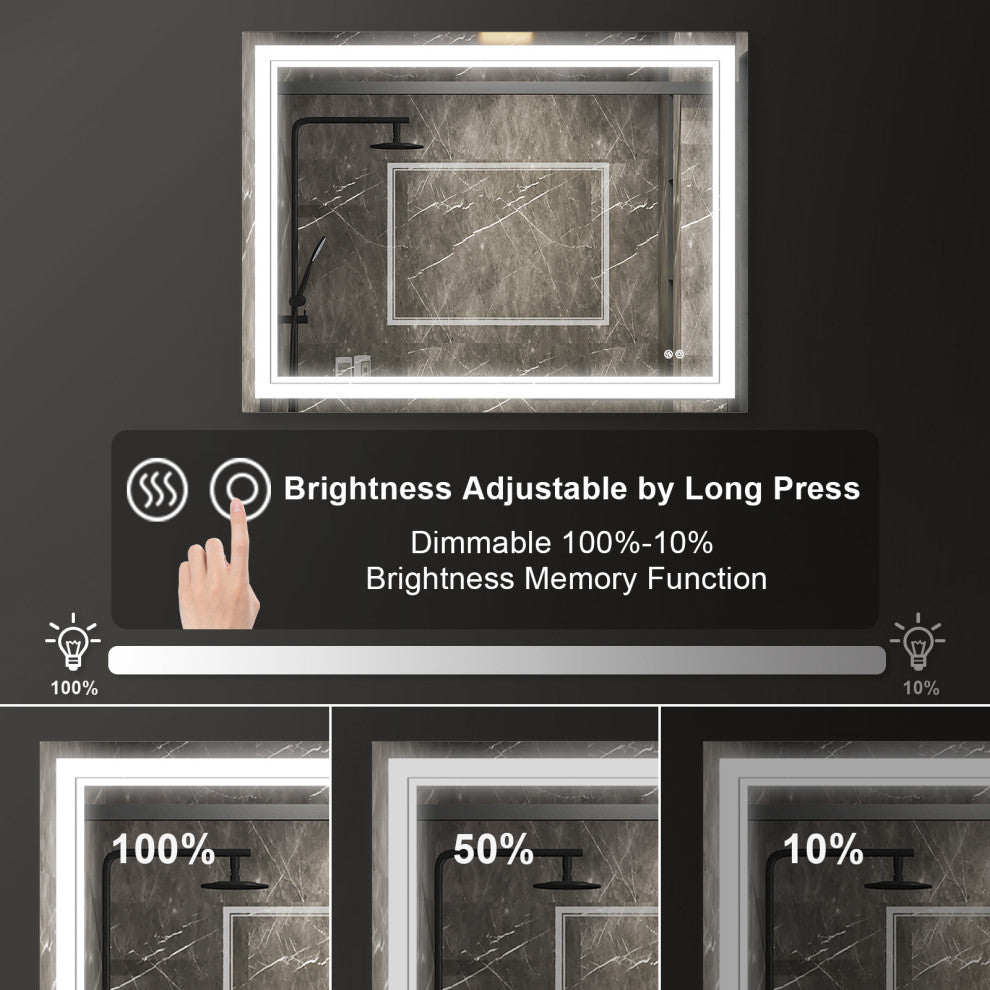 Frameless LED Lighted Bathroom Mirror With Defogger Dimmer, 48"x36"