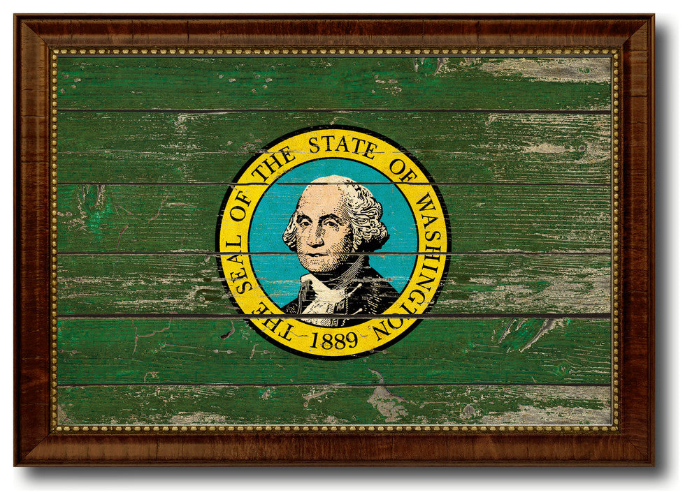 Washington State Vintage Flag Print With Brown Gold Frame, 23"X33"