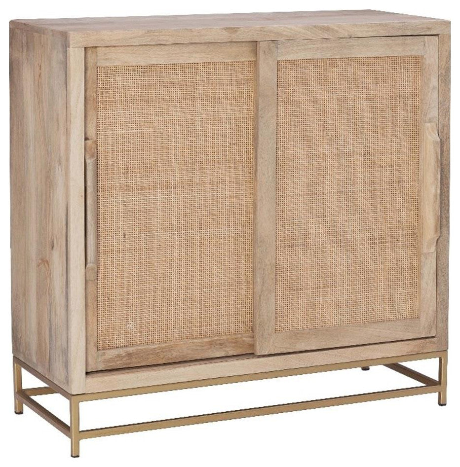 Linon Josie Wood Storage Cabinet 2 Sliding Cane Doors Gold Metal Base in Natural