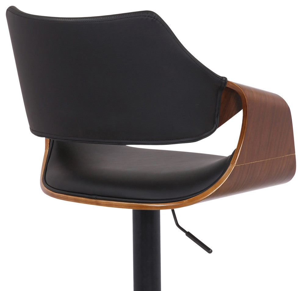Aspen Adjustable Swivel Faux Leather and Wood Bar Stool With Metal Base, Black, Walnut and Chrome