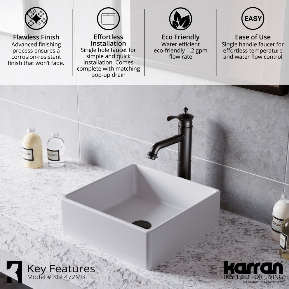 Karran 1-Handle 1-Hole Vessel Faucet With Pop-up Drain, Matte Black