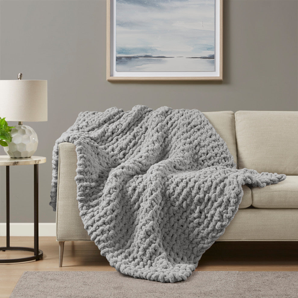 Madison Park Handmade Chenille Chunky Knit 50"x60" Throw, Gray