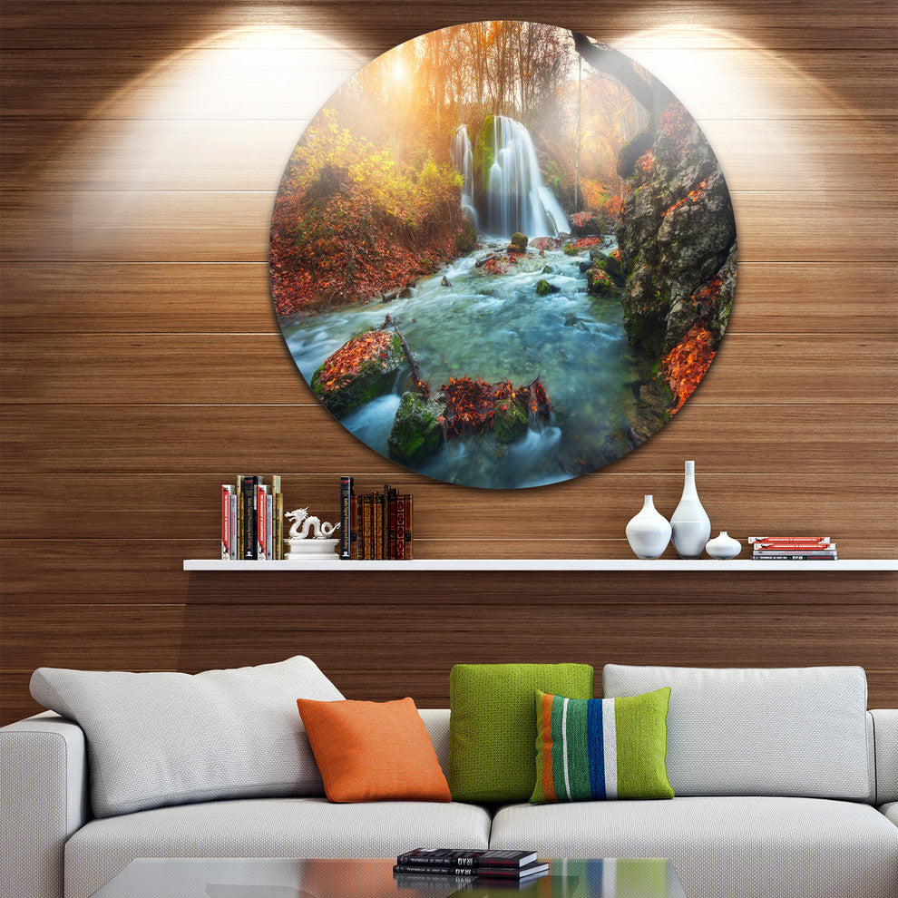 Fast Flowing Fall River In Forest, Landscape Disc Metal Wall Art, 23"