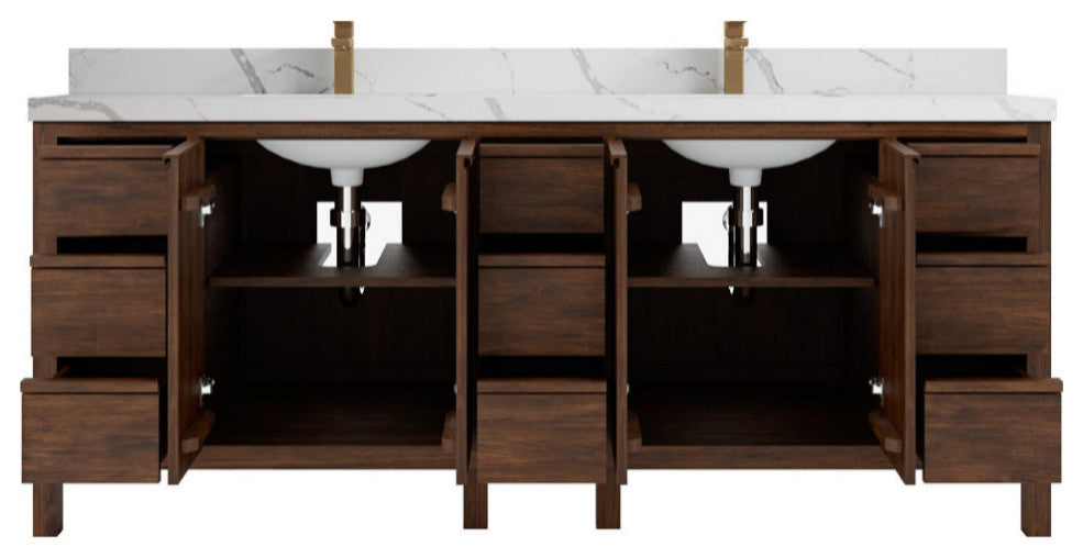 Elizabeth 84 Double Sink Bath Vanity in Dark Walnut Teak 2" Calacatta Laza