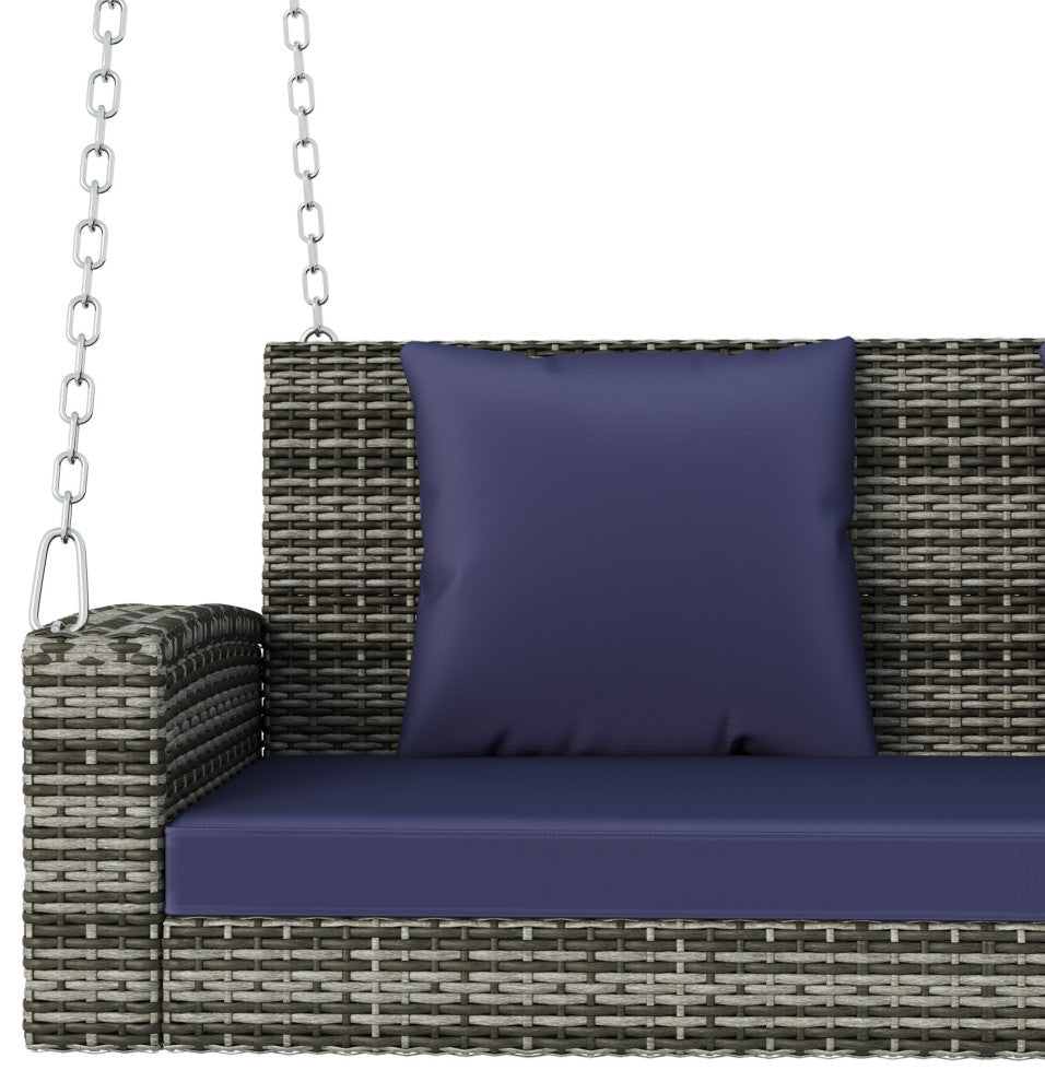 2-Person Wicker Hanging Rattan Porch Swing, Chains, Cushion, and Pillow, Gray Wicker