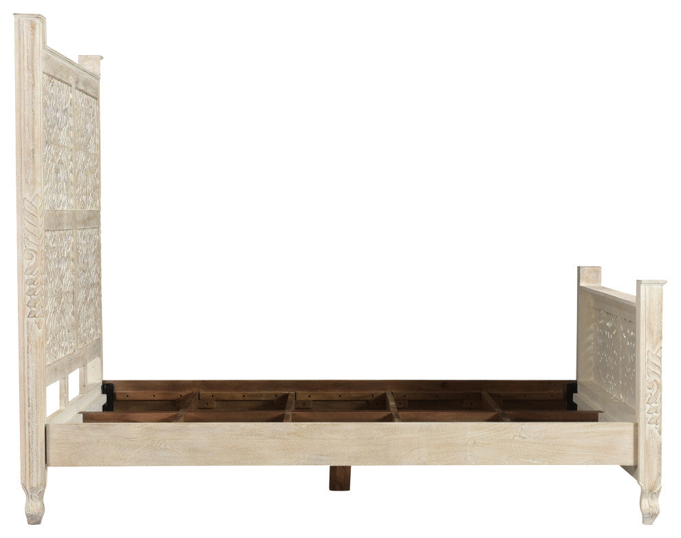 Delaney Floral Carved Bed, Sand White, Queen