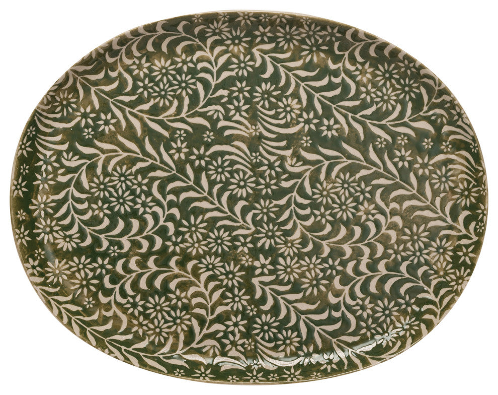 Stoneware Platter With Wax Relief Botanicals, Green
