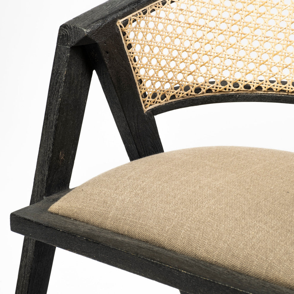 Tabitha Beige Fabric With Black Solid Wood Frame and Cane Back Dining Chair
