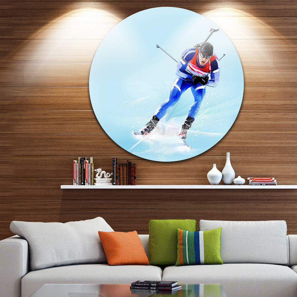 Professional Male Skier, Portrait Digital Art Round Metal Wall Art, 36"