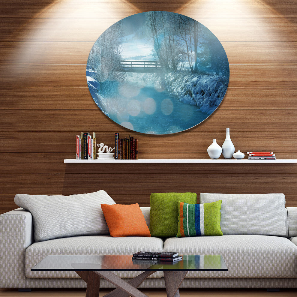 Beautiful Winter River View, Landscape Round Metal Wall Art, 11"