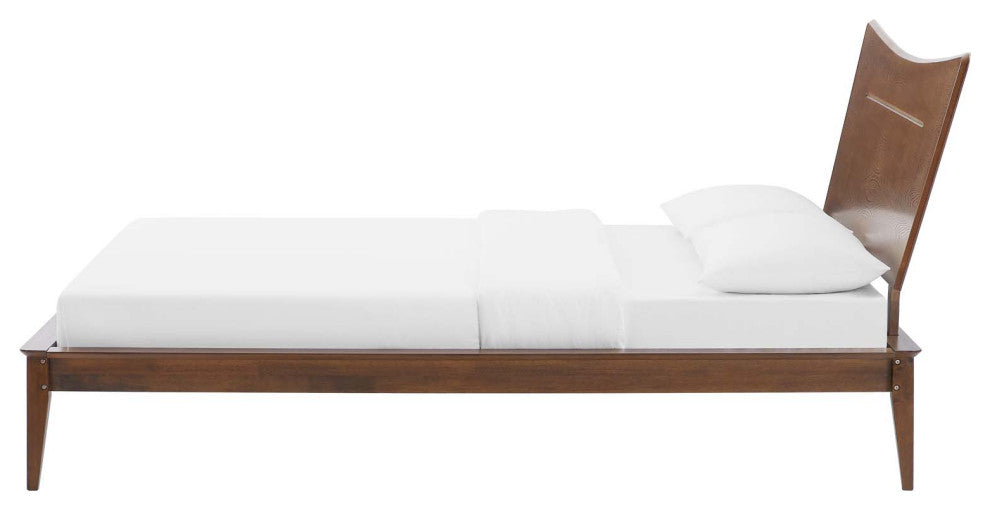 Platform Bed Frame, Full Size, Wood, Brown Walnut, Modern Mid-Century, Bedroom