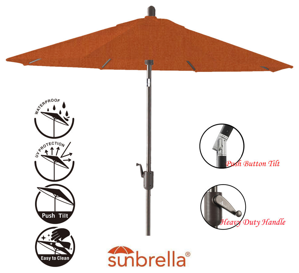 9' Round Push Tilt Market Umbrella, Antique Bronze frame, Sunbrella, Rust