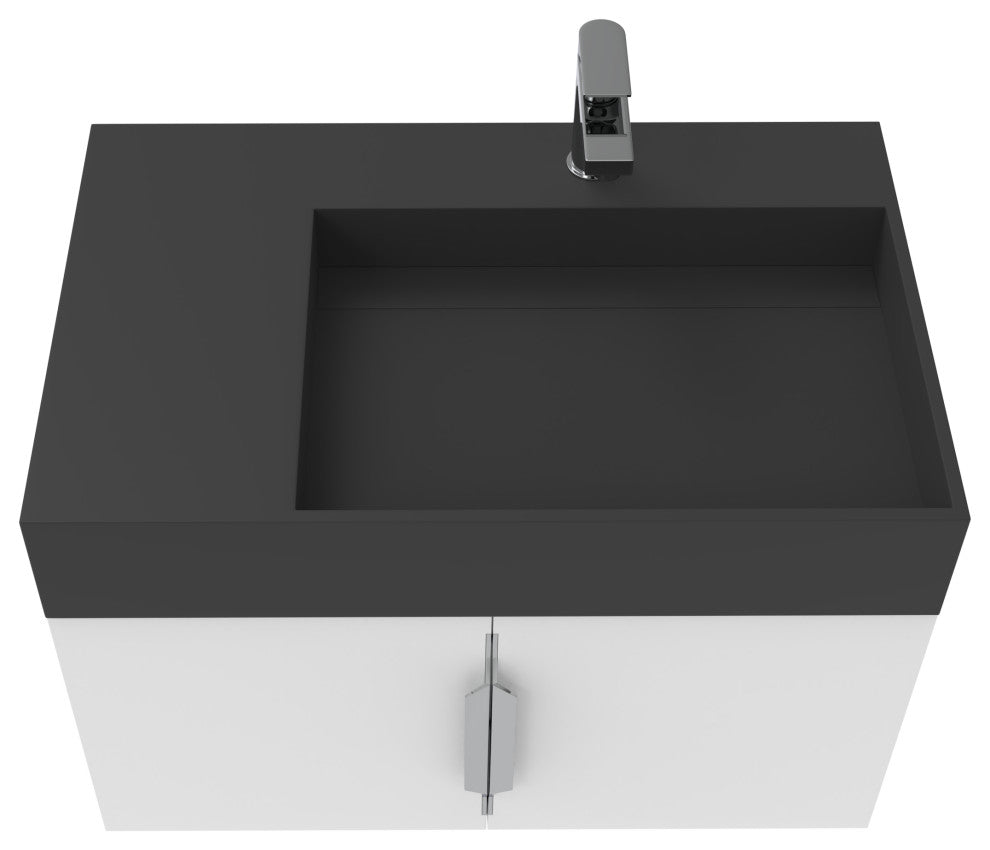 CastelloUSA Amazon 30" Right Wall Mounted Bathroom Vanity Set, White, Black Top, Brushed Nickel