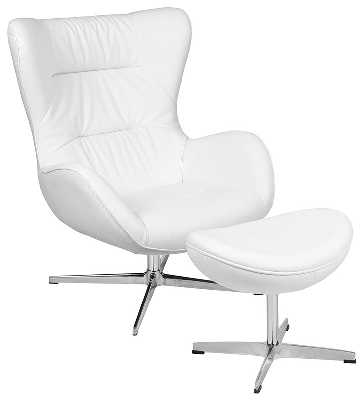 White LeatherSoft Swivel Wing Chair and Ottoman Set