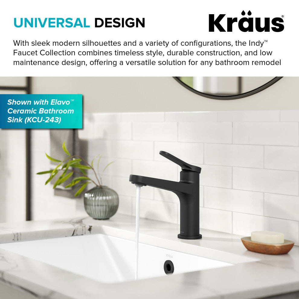 KRAUS Indy Single Handle Basin Bathroom Faucet Matte Black, Pop Up Drain