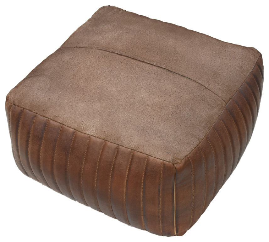 Poufs-Solid Handmade Goat Leather Pouf, Recycled Cotton Fill, Brown, Square [21x21x12]
