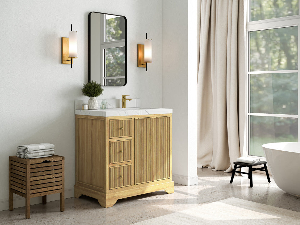 Austin 36 Right Offset Bath Vanity in Light Natural Teak 2" Empira Quartz