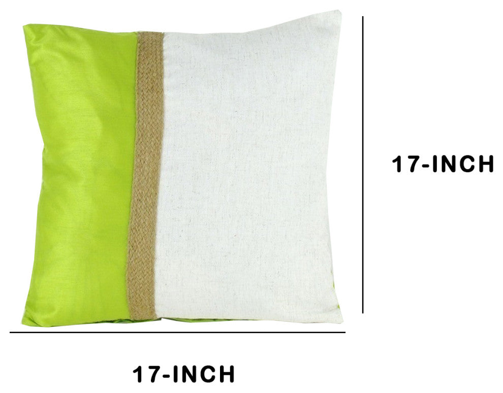 Benzara BM229379 Fabric Accent Pillow With Jute Strip, White and Green