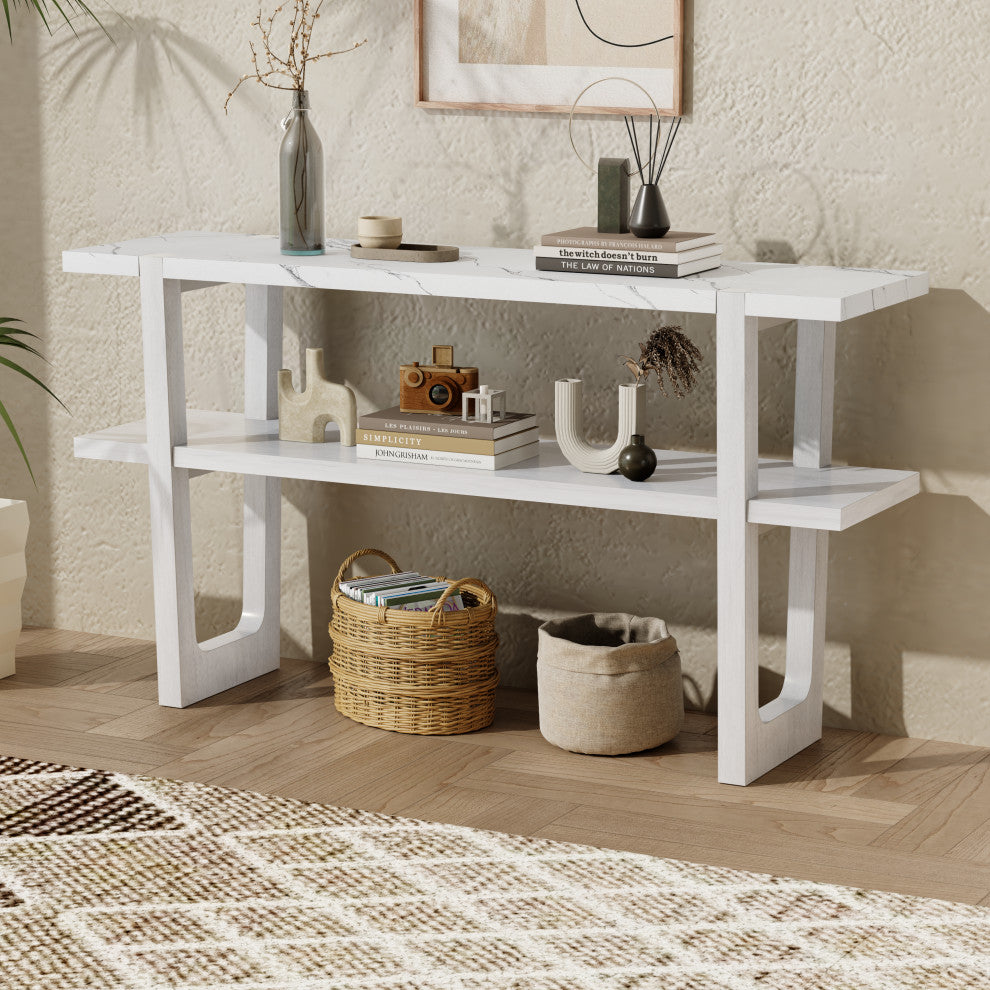 TATEUS Narrow Console Table with Marble-Effect Top for Entryway and Living Room, Antique White