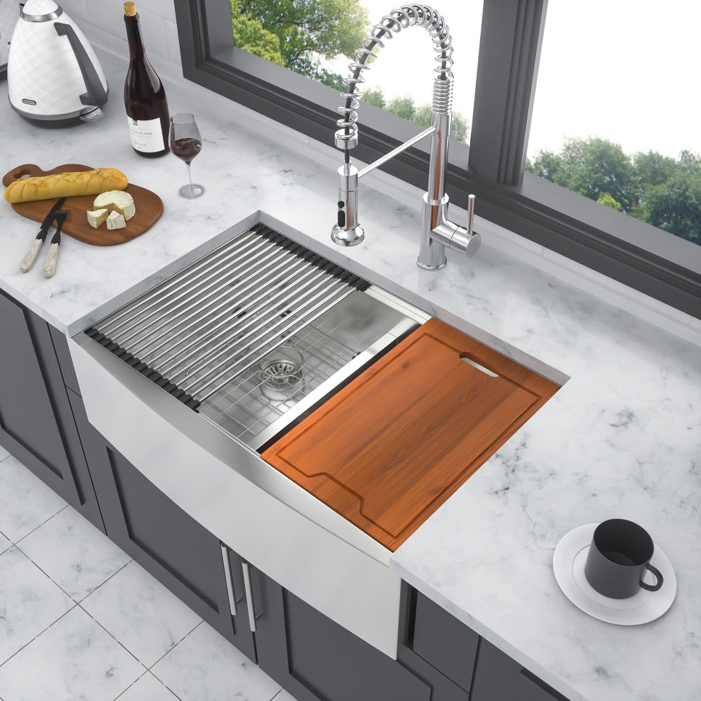 Stainless Steel Double Bowl Farmhouse Kitchen Sink, Workstation