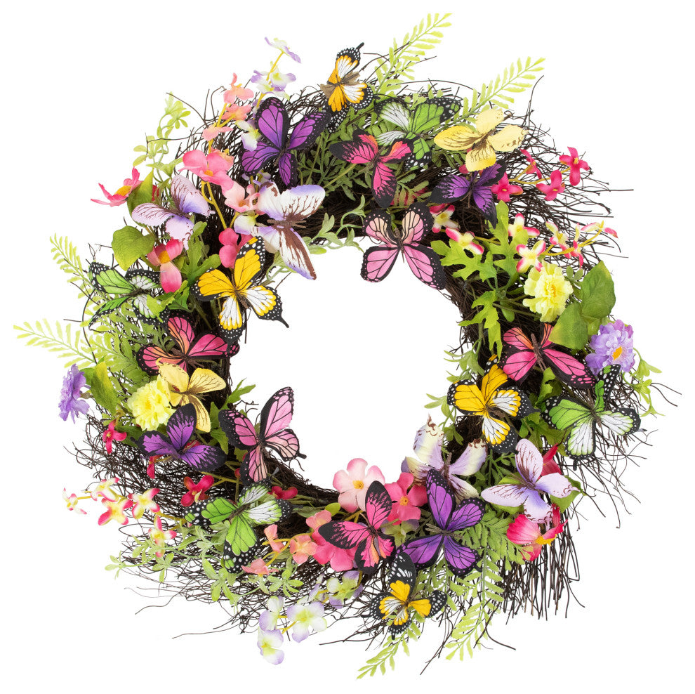 Butterfly and Wildflower Floral Twig Spring Wreath 24"