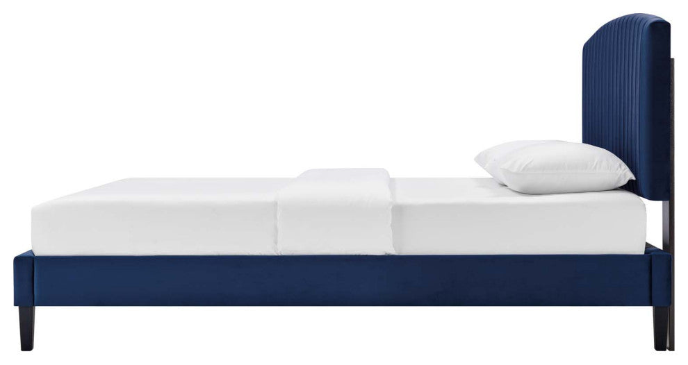 Platform Bed Frame, King Size, Blue Navy, Velvet, Modern, Bedroom Guest Suite