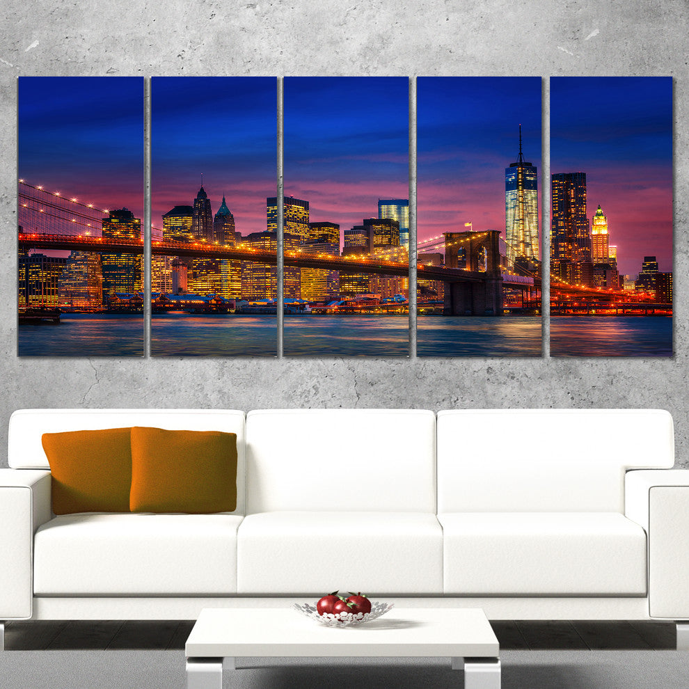 Manhattan with Lights and Reflections, Canvas Print, 60"x28", 5 Panels
