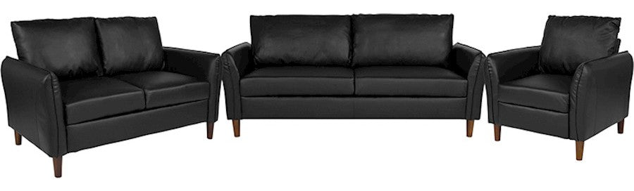 Upholstered Plush Pillow Back Chair, Loveseat and Sofa Set in Black Leather