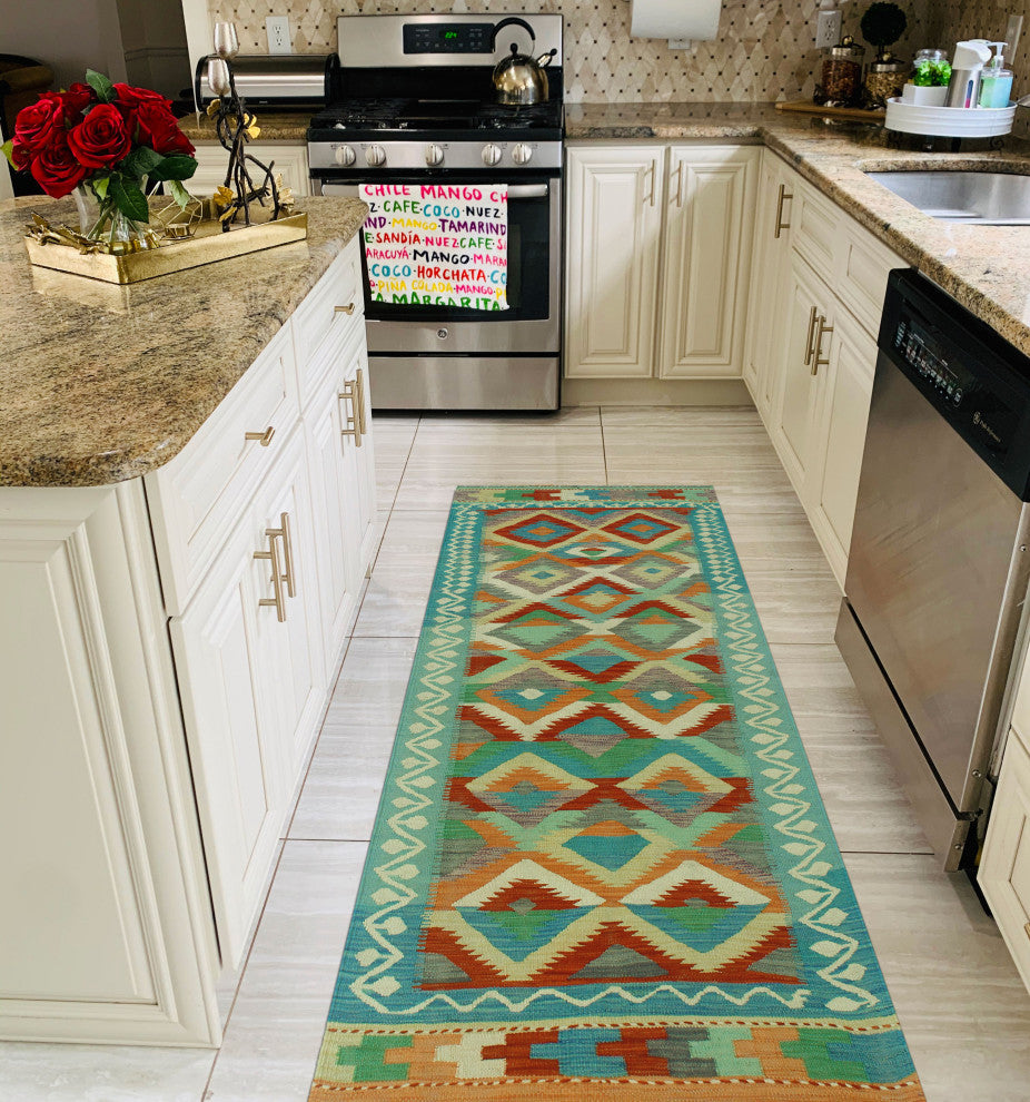 Sangat Kilim Fenhas Light Blue/Orange Runner, 2'6x7'10