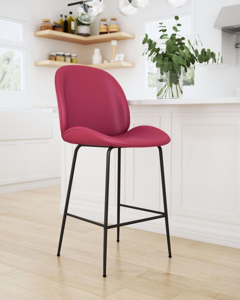 Counter Stool Chair, Steel Metal, Fabric, Red, Black, Bar Kitchen Cafe Bistro