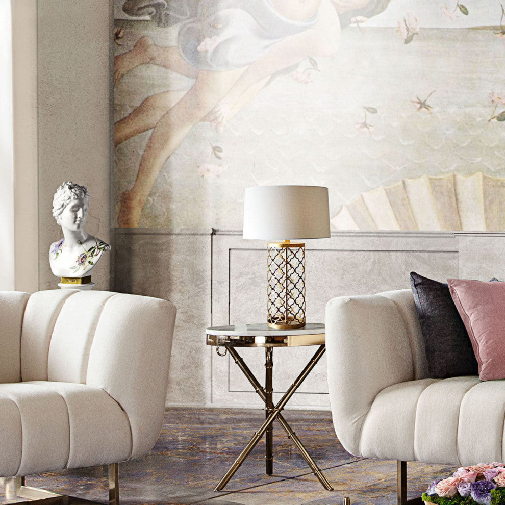 Reed Round Accent Table With Marble Top, Gold