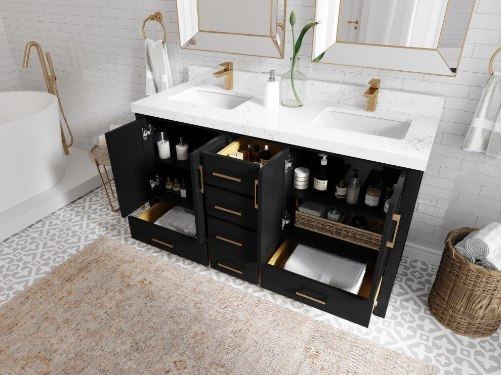 Malibu 60" Double Sink Bathroom Vanity in Black 2" Calacatta Sienna