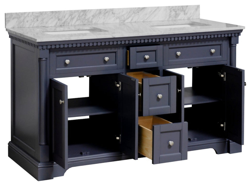 Sydney 60" Bathroom Vanity, Marine Gray, Carrara Marble, Double Sink