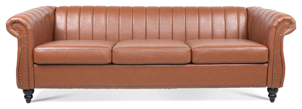 83" Faux leather Rolled Arm Sofa with Nailhead Trim, Brown, 83'' X 33''